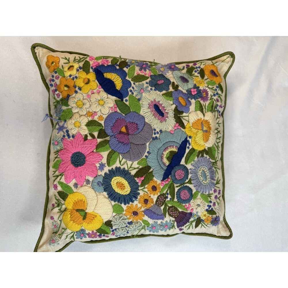 Vintage Floral Crewel Work Accent Pillow Mid Century Hand Stitched Linen Cushion